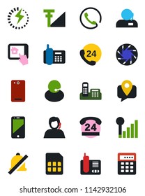 Color and black flat icon set - office phone vector, 24 hours, support, mobile tracking, cell, radio, back, camera, sim, mute, cellular signal, charge, home control app, combination lock