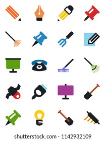 Color and black flat icon set - drawing pin vector, bulb, job, pencil, garden fork, shovel, rake, satellite, hdmi, presentation board, ink pen, phone, rolling