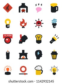 Color and black flat icon set - brainstorm vector, bulb, fire, torch, brightness, fireplace, beer, candle, smoke detector, energy saving, outdoor lamp, alarm led, shining head, idea