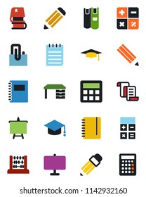 Color and black flat icon set - contract vector, calculator, graduate, abacus, desk, notepad, presentation board, pencil, copybook, paper clip, book