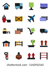 Color and black flat icon set - plane vector, truck trailer, cargo container, car delivery, sea port, consolidated, fragile, warehouse storage, up side sign, no hook, package, heavy scales, rack