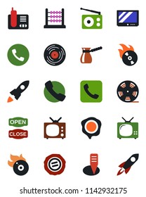 Color and black flat icon set - phone vector, stamp, plant label, reel, vinyl, flame disk, radio, tv, call, abacus, open close, turkish coffee, rocket