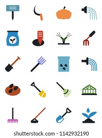 Color and black flat icon set - job vector, garden fork, shovel, farm, rake, watering, hoe, sickle, plant label, pumpkin, greenhouse, seeds, fertilizer, irrigation