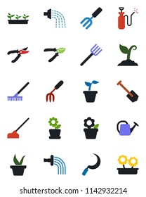 Color and black flat icon set - job vector, flower in pot, garden fork, farm, rake, seedling, watering can, sproute, pruner, hoe, sickle, sprayer