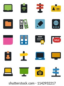 Color and black flat icon set - passport vector, identity, office binder, signpost, monitor, laptop pc, folder, notes, photo gallery, presentation board, blank box, notebook, sale, pass card