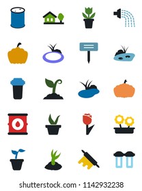 Color and black flat icon set - flower in pot vector, seedling, watering, sproute, plant label, pumpkin, pond, tulip, oil barrel, house with tree, rolling pin, water filter