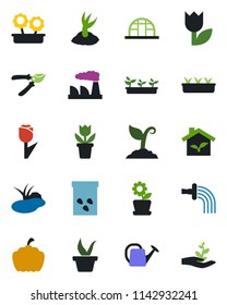 Color and black flat icon set - factory vector, flower in pot, seedling, watering can, sproute, pruner, pumpkin, greenhouse, seeds, pond, tulip, eco house, palm