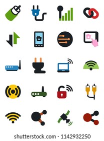 Color and black flat icon set - wireless notebook vector, satellite, share, chain, rca, network, data exchange, cellular signal, power plug, lock, router, home control app, social media