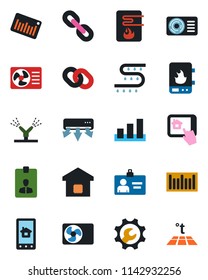 Color and black flat icon set - identity card vector, drip irrigation, sorting, barcode, chain, root setup, air conditioner, smart home, water heater, control app, warm floor