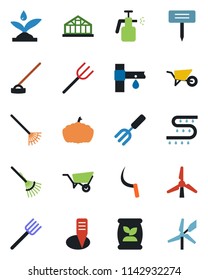Color and black flat icon set - garden fork vector, farm, rake, wheelbarrow, hoe, sickle, plant label, pumpkin, greenhouse, sprayer, fertilizer, drip irrigation, windmill