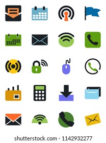 Color and black flat icon set - mail vector, mouse, calendar, call, download, wireless, calculator, phone, lock, flag