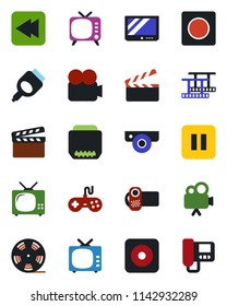 Color and black flat icon set - clapboard vector, film frame, reel, tv, gamepad, video camera, pause button, rewind, rec, hdmi, record, web, intercome