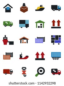Color and black flat icon set - sea shipping vector, truck trailer, cargo container, car delivery, port, consolidated, warehouse storage, up side sign, no hook, package, search, moving