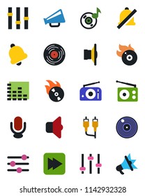 Color and black flat icon set - vinyl vector, flame disk, radio, speaker, loudspeaker, settings, equalizer, microphone, fast forward, rca, tuning, bell, mute, music, sound, advertising