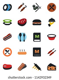Color and black flat icon set - spoon and fork vector, cafe, menu, plates, bacon, waiter, bread, steak, kebab, hamburger, bowl, rolling pin, sushi, cheese