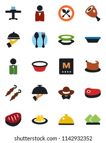 Color and black flat icon set - spoon and fork vector, waiter, dish, restaurant table, serviette, menu, plates, dress code, chicken, steak, kebab, ham, bowl