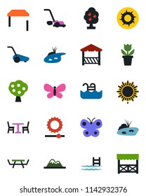 Color and black flat icon set - cafe vector, sun, flower in pot, lawn mower, butterfly, picnic table, brightness, pond, pool, fruit tree, mountains, alcove