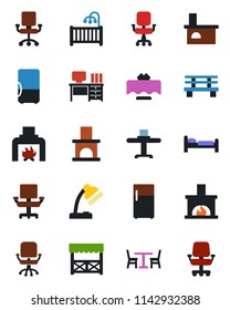 Color and black flat icon set - cafe vector, bed, office chair, desk, bench, fireplace, lamp, children room, restaurant table, alcove, fridge