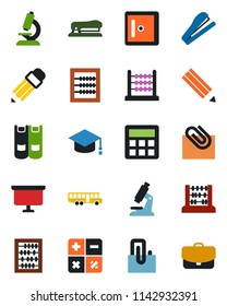 Color and black flat icon set - airport bus vector, checkroom, book, calculator, graduate, abacus, presentation board, microscope, paper clip, pencil, stapler, case