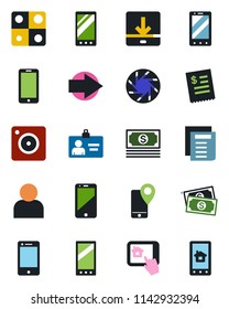 Color and black flat icon set - right arrow vector, mobile phone, identity card, document, cash, tracking, cell, camera, user, download, application, restaurant receipt, home control app