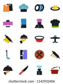 Color and black flat icon set - fridge vector, cook, restaurant table, serviette, cafe, hat, plates, waiter, ladle, bowl, rolling pin, cutting board, knife, steaming pan