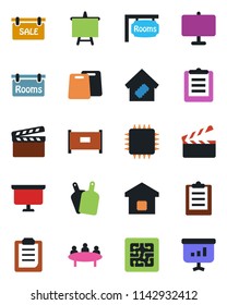 Color and black flat icon set - fence vector, presentation board, meeting, clipboard, clapboard, sale, rooms, smart home, cutting, chip