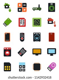 Color and black flat icon set - washer vector, calculator, monitor, speaker, phone back, sim, home control, chip, remote, router, usb flash