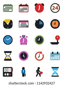 Color and black flat icon set - 24 around vector, alarm clock, calendar, heavy scales, stopwatch, manager, schedule, sand