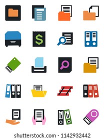 Color and black flat icon set - office binder vector, document search, receipt, folder, paper, tray, archive box, usb flash