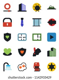 Color and black flat icon set - shower vector, left arrow, office building, sun, heart, shield, play button, brightness, lock, tie, book, mountains, plan, omelette, smoke detector, jalousie, police