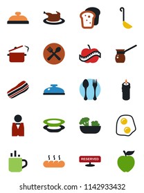 Color and black flat icon set - hot cup vector, spoon and fork, diet, waiter, cafe, reserved, reception, salad, plates, bacon, bread, candle, chicken, ladle, steaming pan, turkish coffee, omelette