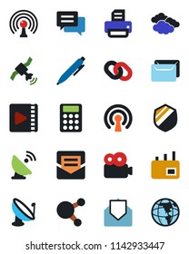 Color and black flat icon set - clouds vector, pen, printer, shield, satellite antenna, share, chain, mail, message, video, calculator, wireless, earth