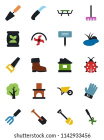 Color and black flat icon set - job vector, trowel, garden fork, ripper, rake, tree, wheelbarrow, glove, boot, saw, lady bug, house, knife, plant label, fireplace, pond, picnic table, fertilizer