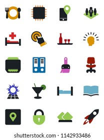 Color and black flat icon set - lock vector, office chair, book, binder, hospital bed, mobile tracking, touch screen, hdmi, themes, place tag, company, bedroom, alcohol, cafe, cocktail, serviette