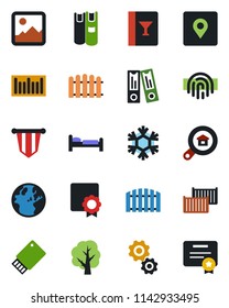 Color and black flat icon set - bed vector, pennant, office binder, fence, tree, cargo container, barcode, gallery, place tag, fingerprint id, sertificate, book, estate search, wine card, snowflake
