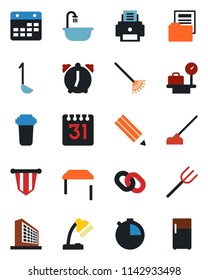 Color and black flat icon set - luggage scales vector, office building, pennant, farm fork, rake, hoe, chain, alarm, stopwatch, calendar, document folder, desk lamp, printer, pencil, table, bathroom