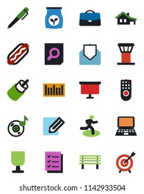 Color and black flat icon set - airport tower vector, document search, notebook pc, presentation board, pencil, bench, fertilizer, run, fragile, barcode, mail, rca, music, case, checklist, pen