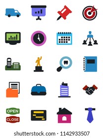 Color and black flat icon set - pedestal vector, house, car delivery, search cargo, clock, calendar, copybook, monitor statistics, drawing pin, document folder, office phone, hierarchy, handshake