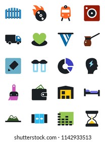 Color and black flat icon set - automatic door vector, train, bed, brainstorm, circle chart, heart, car delivery, flame disk, equalizer, mobile camera, themes, notes, mountains, warehouse, fence