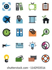 Color and black flat icon set - tv vector, boarding, office binder, bulb, circle chart, plane, cargo container, clipboard, paper clip, rooms, credit card, eco house, jalousie, eye scan, clock, idea