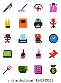 Color and black flat icon set - alarm clock vector, office chair, farm fork, ripper, rake, themes, copybook, drawing pin, news, ink pen, checklist, printer, paper tray, notebook pc, book, money bag