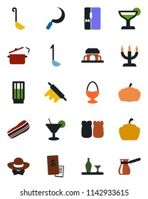 Color and black flat icon set - sickle vector, pumpkin, fridge, alcohol, drink, cocktail, bacon, egg stand, salt and pepper, cafe building, candle, dress code, restaurant receipt, ladle, rolling pin