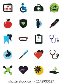 Color and black flat icon set - heart vector, pulse, doctor case, stethoscope, thermometer, scalpel, shield, hospital bed, disabled, stomach, tooth, medical calendar, clipboard, pregnancy, virus