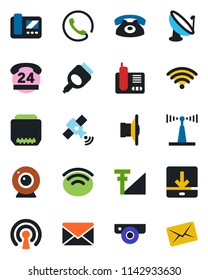 Color and black flat icon set - mail vector, 24 hours, satellite antenna, speaker, radio phone, hdmi, download, wireless, cellular signal, web camera, intercome