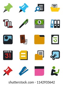Color and black flat icon set - contract vector, document search, reload, folder, paper pin, gallery, calendar, cut, drawing, blank box, binder, pen, stapler, restaurant receipt, cash
