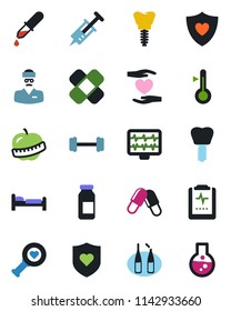 Color and black flat icon set - bed vector, monitor pulse, syringe, dropper, heart diagnostic, pills, ampoule, patch, barbell, shield, hand, implant, clipboard, diet, doctor, thermometer, flask