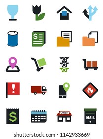 Color and black flat icon set - route vector, navigation, important flag, store, traffic light, mobile tracking, car delivery, term, receipt, folder document, fragile, cargo, warehouse storage