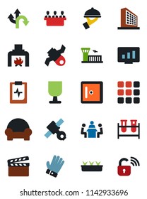 Color and black flat icon set - airport building vector, checkroom, office, statistic monitor, glove, seedling, blood test vial, pulse clipboard, route, satellite, fragile, clapboard, menu, meeting