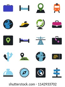 Color and black flat icon set - runway vector, suitcase, train, ticket, reception bell, globe, bed, case, route, navigation, earth, pin, sea shipping, place tag, compass, bedroom, guidepost