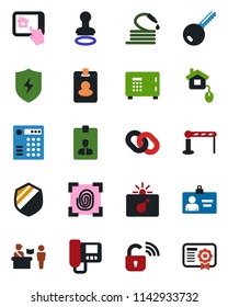 Color and black flat icon set - barrier vector, passport control, bomb in case, stamp, safe, identity card, hose, shield, chain, protect, key, home, fingerprint, wireless lock, intercome, app, pass